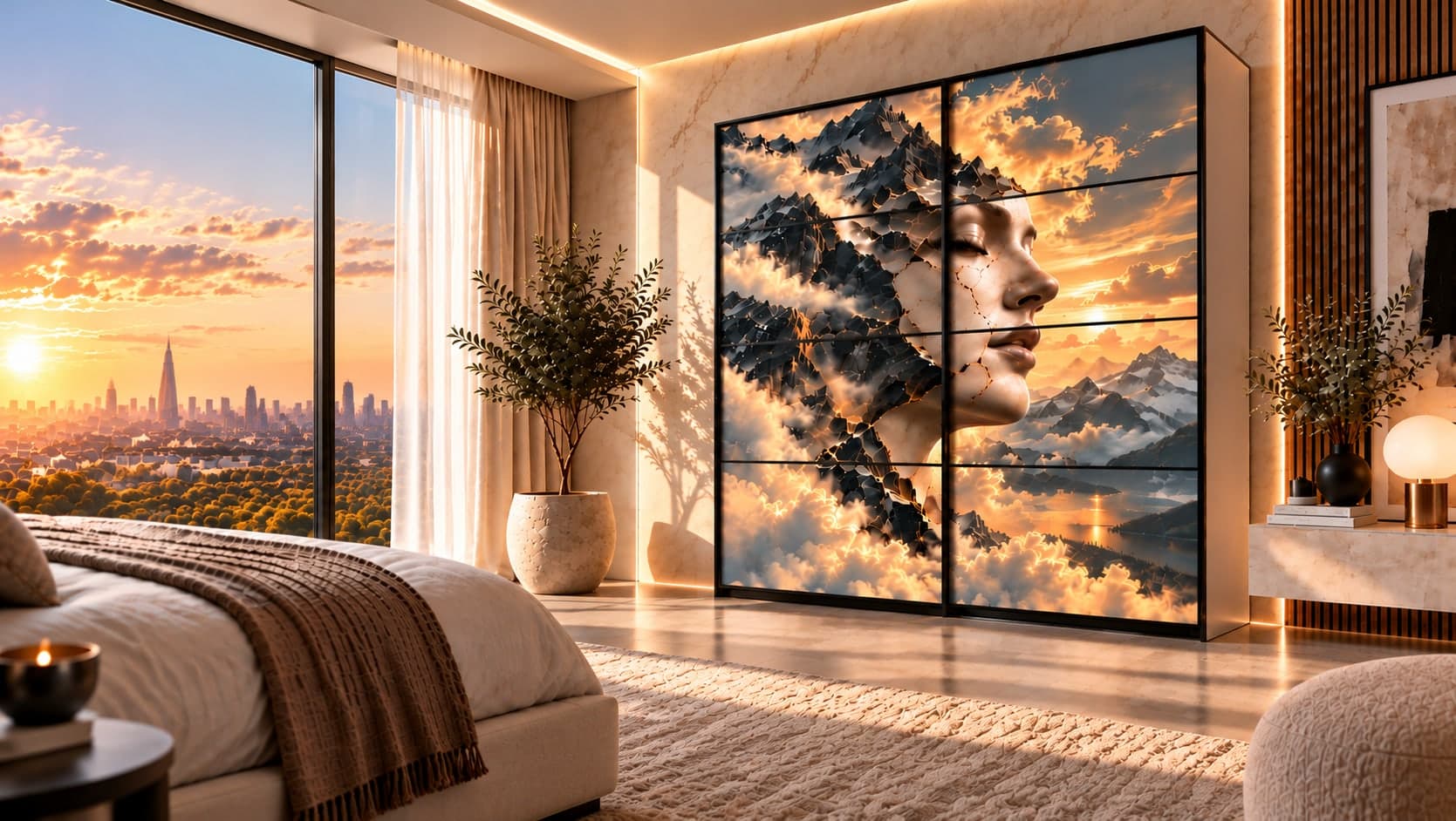 Sliding wardrobe with printed art panels in a sunlit bedroom